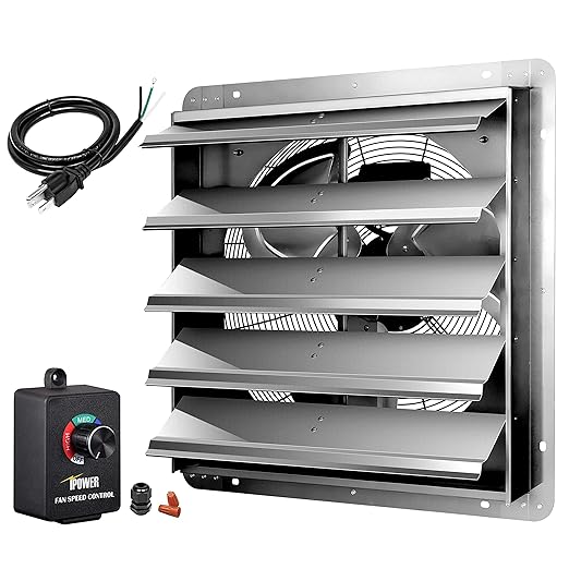 Simple Deluxe 20 Inch Wall Mounted Shutter Exhaust Fan with Speed Controller and Power Cord Kit, Aluminum, 1200 RPM, 3368 CFM, for Attic, Garage, Louvered Vent, Plant, Greenhouse, Silver by SimpleDeluxe