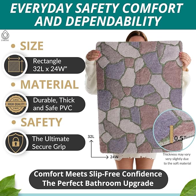 Enkosi Loofah Non-Slip Shower Mat - Shower Floors, Bathtub, Bathrooms, Wet Areas - Cushioned Bath Mat with Drain Holes - Quick Dry PVC, Secure Safety Pad Without Suction Cups (32x24 Stone Path) - Image 3
