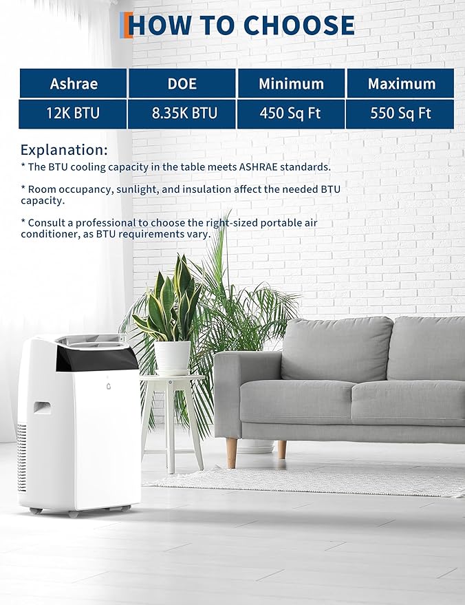 GarveeLife 12000 BTU Portable Air Conditioner 3-In-1 with Remote Control, 24H Timer, Quiet Operation, Freestanding AC Unit Cools Rooms Up to 550 Sq.Ft, Fan & Dehumidifier for Home Garage RV - Image 7