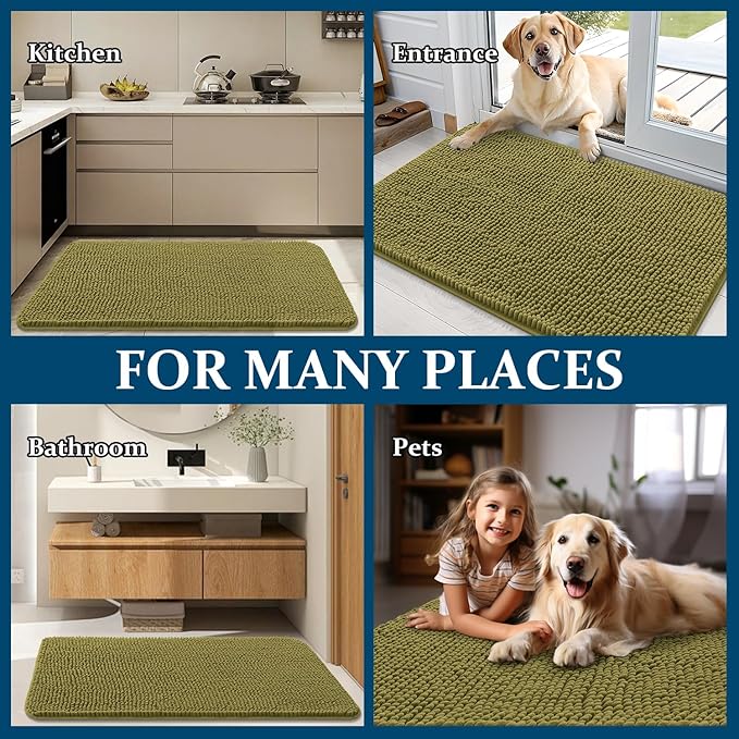 OLANLY Dog Door Mat for Muddy Paws 30x20, Absorbs Moisture and Dirt, Absorbent Non-Slip Washable Doormat, Quick Dry Chenille Mud Mat, Entry Indoor Entryway Carpet for Inside Floor, Willow Green - Image 8