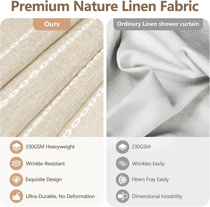 Boho Farmhouse Beige Linen Textured Shower Curtain, 72 x 84 Inch Extra Long Soft Fabric Shower Curtain Heavyweight with Tassels, Cream White Striped Bathroom Décor Curtain Water Repellent - Image 2