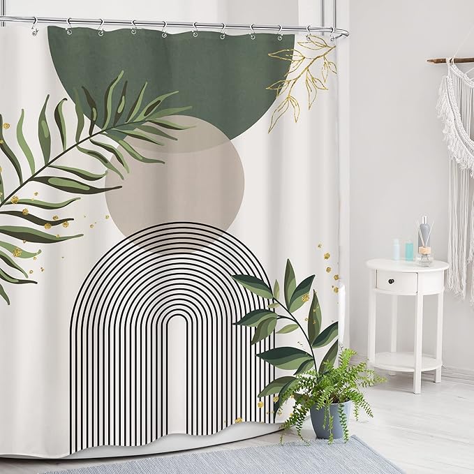 Boho Green Shower Curtain, Sage Bohemian Mid Century Modern 60Wx72H Bathroom Curtain, Abstract Gold Leaves Plant Olive Grey Minimalist Bathroom Decor Bath Curtain Polyester 12 Pack Hooks - Image 3