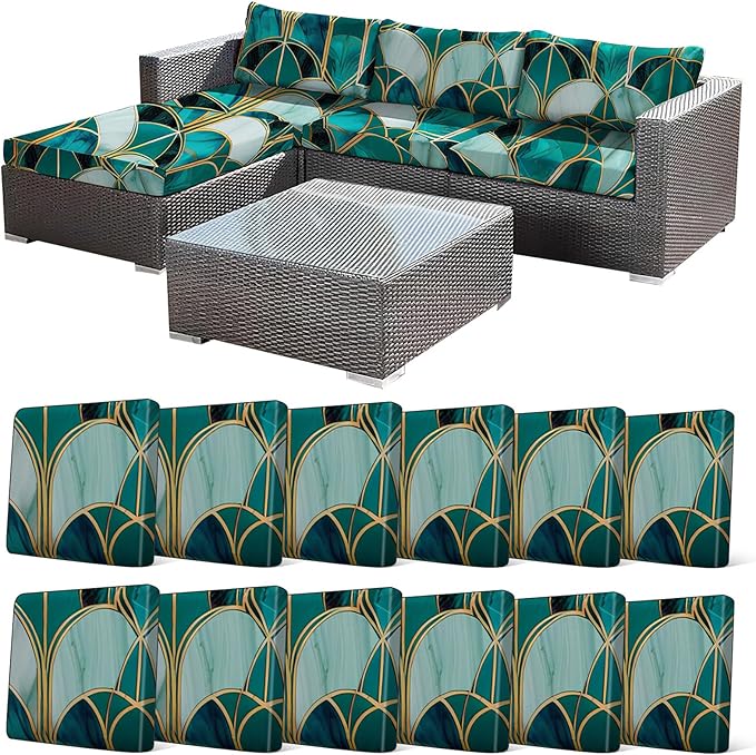 12Pcs Stretch Patio Cushion Cover, Art Deco Geometric Pattern Couch & Sofa Slipcovers for Patio Furniture Cushions Washable Reusable Couch Covers Replacement for All Season(Green, Cover Only) by CALBODE