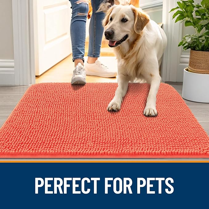 OLANLY Dog Door Mat for Muddy Paws 59x35, Absorbs Moisture and Dirt, Absorbent Non-Slip Washable Doormat, Quick Dry Chenille Mud Mat for Dogs, Entry Indoor Entryway Carpet for Inside Floor, Coral - Image 6