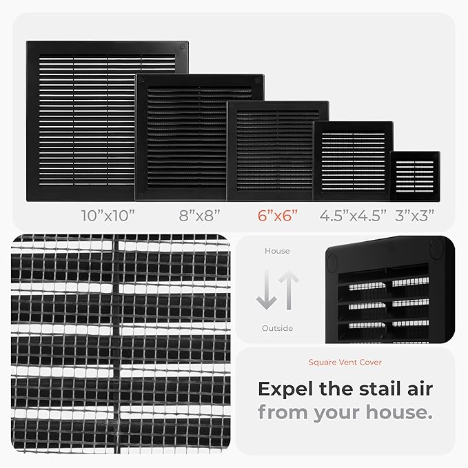 10-Pack 8" x 8" (Outer Size) Square Air Vent Cover – Black Plastic Vent Deflector - Screen Mesh, Surface Mount Wall Ceiling – Cold Air Return Soffit Air Vent Cover - Register Indoor Outdoor - Image 3