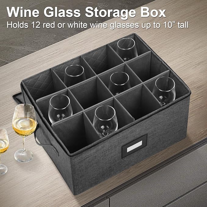 Mayniu Stemware Storage Containers, Wine Glass Storage Box with Dividers for Glasses, Glassware, Crystal, Wine Glass Packing Boxes for Moving, Hard Shell Top Sides Bottom and Stackable (Black) - Image 2