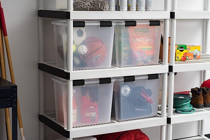 IRIS USA WeatherPro 32 Qt Storage Bins with Lids, 4 Pack, BPA-Free Plastic Gasket Box with Tight Latch and Seal, Stackable Nestable Tote Tub - Clear/Black - Image 6