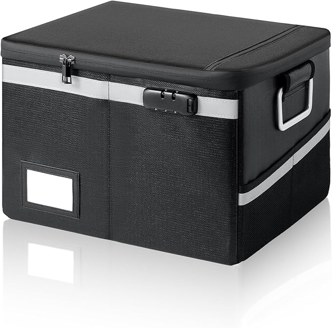 Fireproof Waterproof Document Box with Lock - Collapsible Portable File Organizer Hard Shell Storage for Hanging Letter/Legal Folders Home Office Safe (Black, 15.7x11.2x10.2in) by Ekunivers