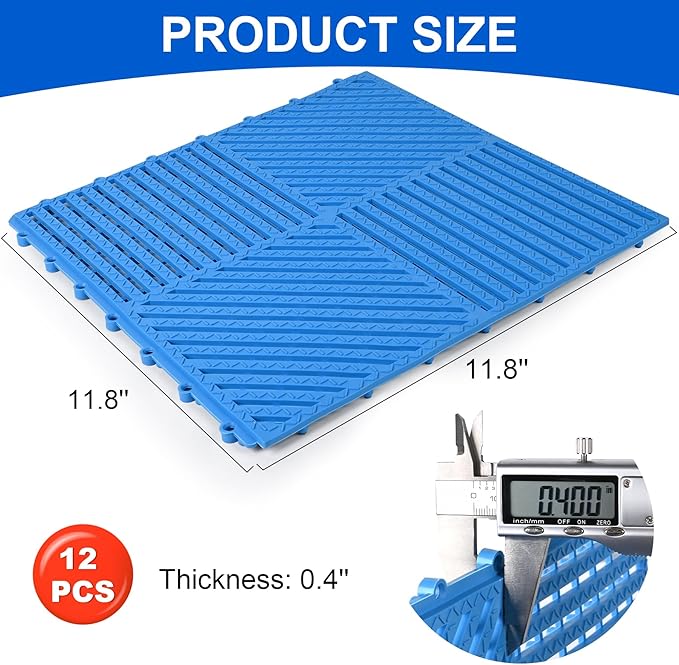 MYFAMIREA Modular Interlocking Cushion 12 Pack 11.8" x 11.8" Rubber Floor Tiles Non-Slip Splicing Drainage Mats for Deck, Pool, Shower, Patio, Balcony, Bathroom, Kitchen, Yard (Diagonal, Blue) - Image 2