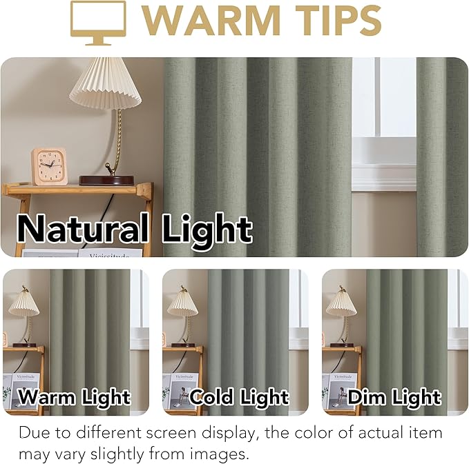 H.VERSAILTEX Linen Curtains 100% Blackout Curtains for Bedroom 108 inch Long Full Light Blocking Nature Linen Blended Window Curtains for Living Room Nickel Grommet (2 Panels, Heathered Dried Sage) - Image 4