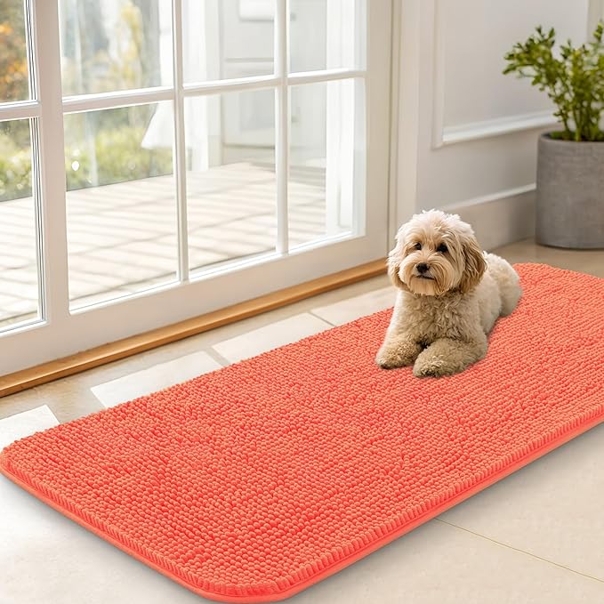 OLANLY Dog Door Mat for Muddy Paws 47x20, Absorbs Moisture and Dirt, Absorbent Non-Slip Washable Doormat, Quick Dry Chenille Mud Mat for Dogs, Entry Indoor Entryway Carpet for Inside Floor, Coral by OLANLY