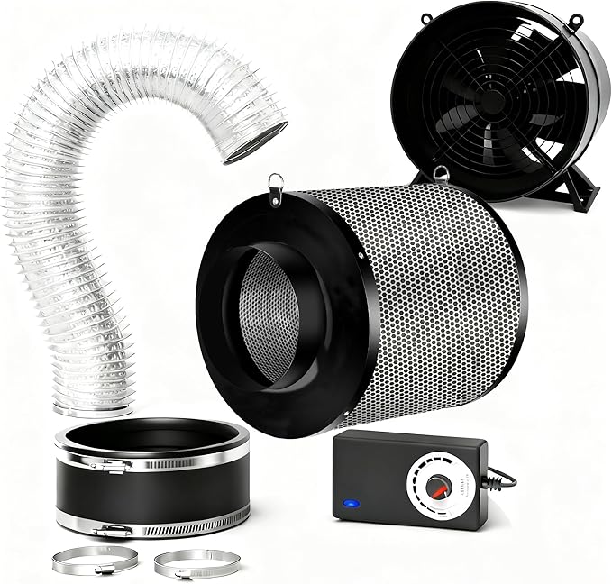 MELONFARM Air Filtration Kit, 6" 260 CFM Inline Duct Fan with Speed Controller, 8" High Carbon Filter, 8 Ft Ducting & Rubber Coupler, Air Cooling and Filtration Kit for Grow Tent, Hydroponics by MELONFARM