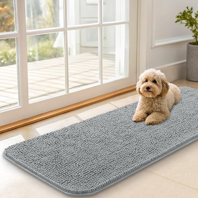 OLANLY Dog Door Mat for Muddy Paws 47x17, Absorbs Moisture and Dirt, Absorbent Non-Slip Washable Doormat, Quick Dry Chenille Mud Mat for Dogs, Entry Indoor Entryway Carpet for Inside Floor, Grey by OLANLY
