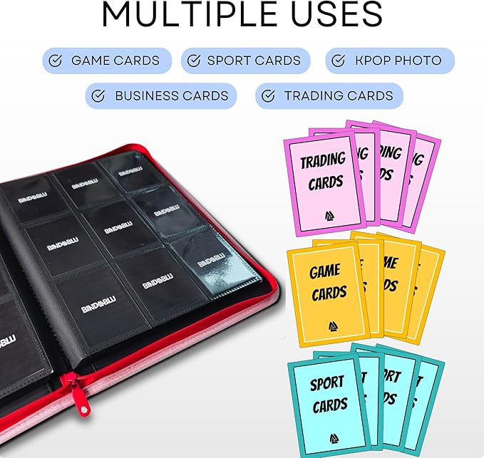9 Pocket Trading Card Zip Binder - 360 Side Loading Pocket Binder for Colletible Games, Sport, TCG - Trading Card Binder - Gift Card holder for Boys and Girls - Pink card binder - Image 5