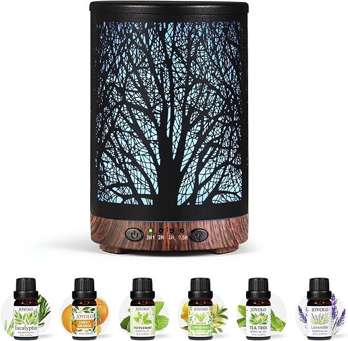 Oil Diffuser with Essential Oils Set, Aromatherapy Diffuser with 7 Color Lights and Auto Shut-Off, Cool Mist Diffuser with 6 Oils Gift Pack for Home Office (Tree with Oils) by JOYOLO