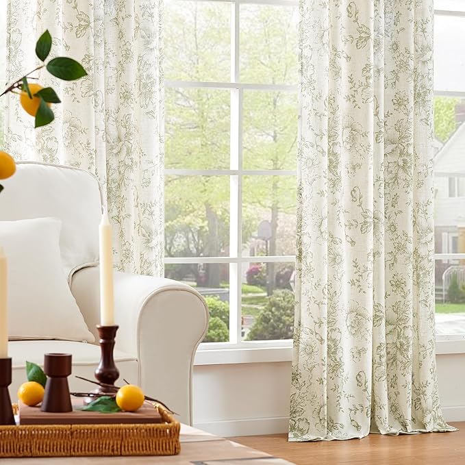 jinchan Linen Blend Floral Curtains for Living Room 90 Inch Length Farmhouse Printed Curtain Rod Pocket Back Tab Sage Green Peony Flower Patterned Drapes Bedroom Curtains Set 2 Panels - Image 6