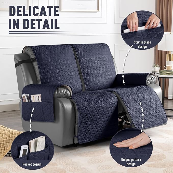 TAOCOCO 100% Waterproof Recliner Cover, Non-Slip Washable Reclining Couch Cover with Elastic Leg Straps, Furniture Protector for Dogs (Dark Blue, 2 Seater) - Image 6
