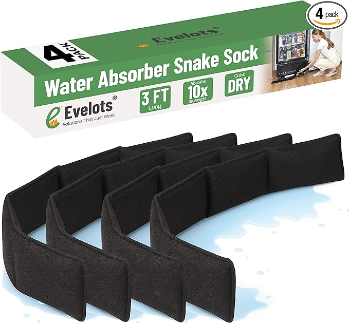 Evelots Water Absorber Snake Sock -3 Pack-Reusable Water Barrier - Absorbs 10 Times its Weight-Great for Leaks & Spills from Doors, Windows, Water Tank, Heavy Rain, Shower Tub-3 Feet Long by Evelots