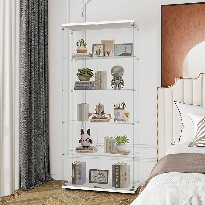 Yoluckea 5 Shelves Glass Display Cabinet with 2 Doors, Floor Standing Clear Glass Curio Cabinet Collection Display Case for Living Room Bedroom 73.82” x 31.69” x 14.37” White - Image 5