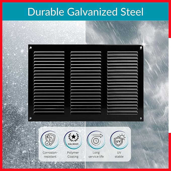 10x6 Vent Cover (Duct Opening) - Black HVAC Return Air Grille for Wall and Ceiling - Metal AC Vent Cover with Mesh - Rectangular Air Register - External Dimensions: 11.81" W x 7.87" H - Image 3