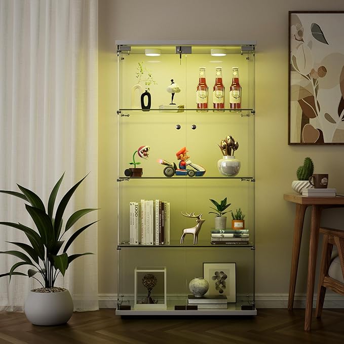 Yoluckea 4 Shelves Glass Display Cabinet with LED Light and 2 Doors, Curio Collection Glass Display Case, Floor Standing Bookshelf Corner Cabinet for Book Toys Glory (White) - Image 5