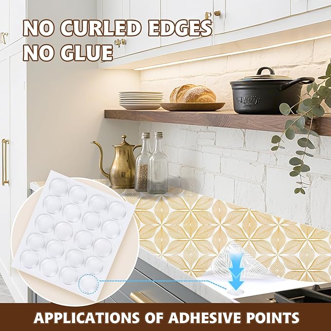 Drawer and Shelf Liner for Kitchen Cabinet,Non-Adhesive Waterproof Drawer Liner for Dresser & Bathroom Vanities with Adhesive Dots & Cutting Tool(18 in X 30 Ft Gold Leaf Pattern) - Image 4