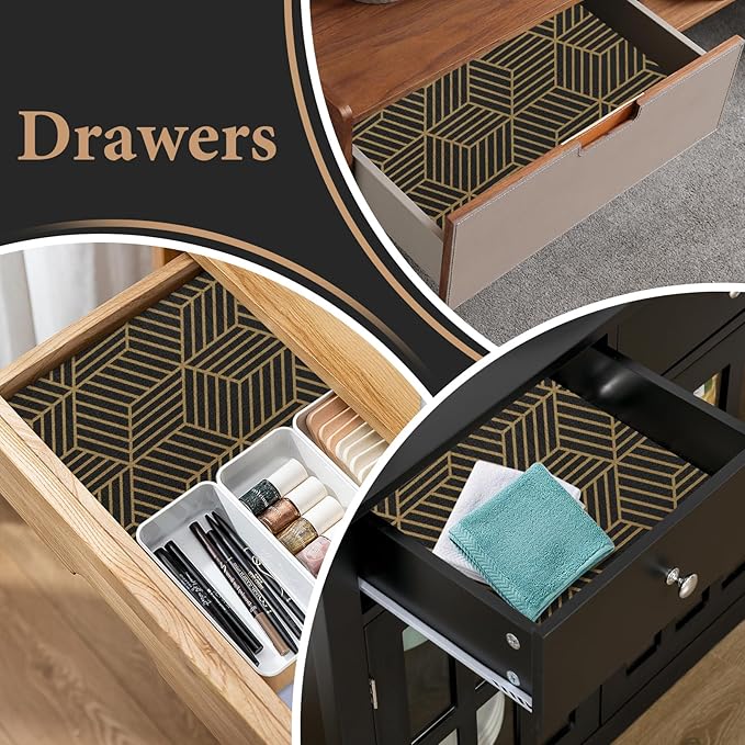 Shelf Liners for Kitchen Cabinets 17in x 30FT, Non Adhesive Cabinet Liner Strong Non-Slip Black Gold Geometric Drawer Liner, Easy to Clean for Shelf, Cabinet with Knife and Tape Measure - Image 5