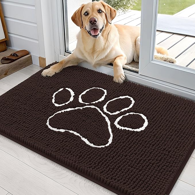 OLANLY Dog Door Mat for Muddy Paws 36x24, Paw Print Design, Absorbs Moisture and Dirt, Absorbent Non-Slip Washable Doormat, Quick Dry Chenille Mud Mat for Dogs, Entry Indoor Entryway Carpet, Brown by OLANLY