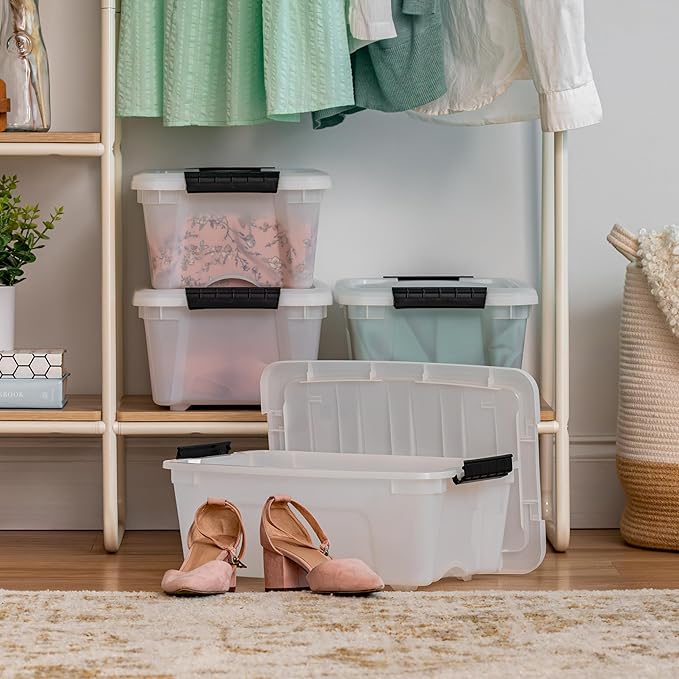 IRIS USA 13 QT Plastic Storage Box with Lid and Latches - 4 Pack - BPA-Free, Discreet Organizing Solution, Durable Nestable Stackable Containers, Secure Pull Handle - Pearl - Image 3
