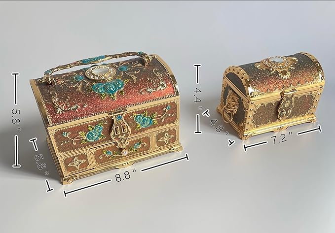 Retro Jewelry Box Arched Vintage Rectangular Metal Chest Necklace Ring Earrings Storage Case for Women Girls (Golden Starlight Red, XL Lock) - Image 4