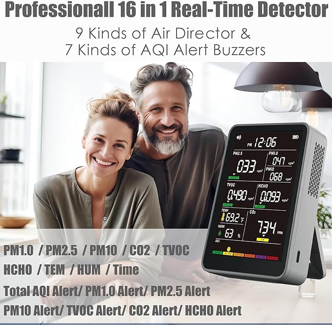 Professional Indoor Air Quality Monitor with AQI Alarms, Portable Real-Time Detector for Home Cars Plants and Pets (Grey) - Image 2