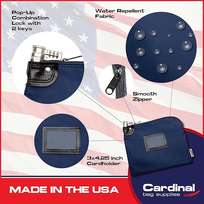 Heavy-Duty Money Bag with Lock – 9" x 12" Water-Repellent Laminated Nylon Bank Deposit Bag with Combination & Keyed Security for Cash, ID Window, Made in USA (Navy Blue) - Image 3