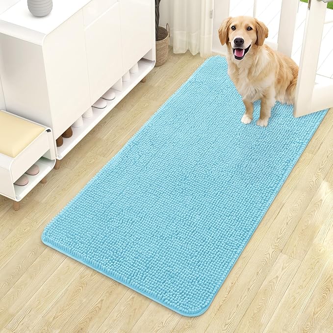 OLANLY Dog Door Mat for Muddy Paws 44x24, Absorbs Moisture and Dirt, Absorbent Non-Slip Washable Doormat, Quick Dry Chenille Mud Mat for Dogs, Entry Indoor Entryway Carpet for Inside Floor, Blue by OLANLY