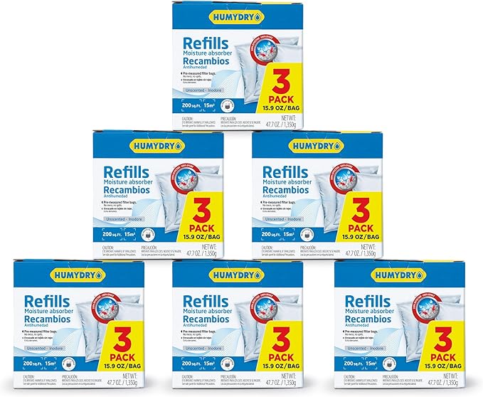 HUMYDRY Moisture Absorber Refills for 15.9 Oz Dehumidifier, 18 Count, 6 Packs of 3 Unscented Humidity Absorber Bags, Pre-Measured Non-Electric Humidity Absorber Refill Bags for Medium Enclosed Spaces by Humydrymoistureabsorbers
