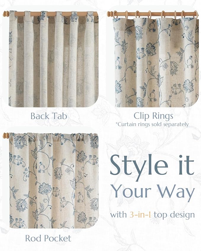 jinchan Linen Curtains Floral Curtain 84 Inch Length for Living Room Bedroom Light Filtering Rod Pocket Back Tab Jacobean Curtains Flax Linen Texture Window Drapes Set 2 Panels Blue on Linen - Image 5