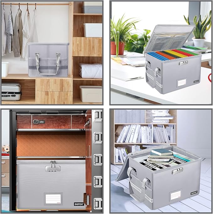 ENGPOW File Box with Lock, Fireproof Document Box with Zipper＆Pockets, Collapsible File Organizer Filing Storage Cabinet with Handle, Portable Home Office Safe for Hanging Letter/Legal Folder,Silver - Image 3