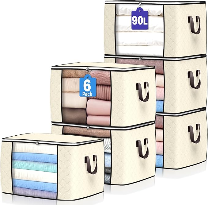 90 L Large Storage Bags, 6 Pack Clothes Storage Bins Foldable Closet Organizers Storage Containers with Reinforced Handle for Clothing, Blanket, Comforters, Bed Sheets, Pillows and Toys (Beige) by BuddingJoy-BuildaJoyfulLifeforYou