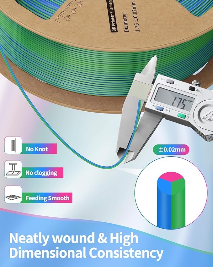 LANDU Silk Tri-Color PLA Filament 1.75mm 1Kg,Triple Color Silk PLA Filament, Silk Rainbow PLA Filament,Neatly Wound 3D Printer Filament,3 in 1 Multi Color Filament +/-0.02mm, Silk Rose Blue Green - Image 5