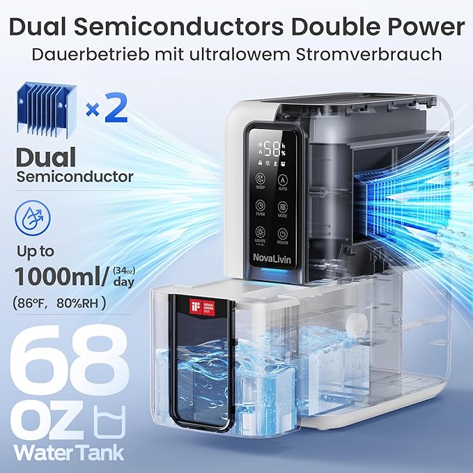 Dehumidifier for Home, Dehumidifiers for Bathroom, Bedroom, Living room, Closet with 68 OZ Water Tank, Moisture Absorbers, Auto Shut Off, Auto Humidity Control, 7 Colors LED Light, Black and White - Image 2