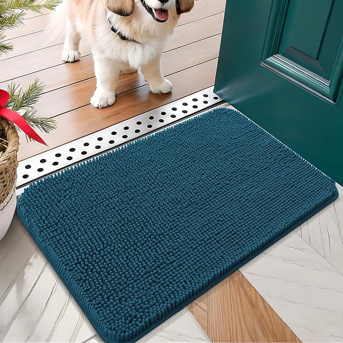 OLANLY Dog Door Mat for Muddy Paws 24x16, Absorbs Moisture and Dirt, Absorbent Non-Slip Washable Doormat, Quick Dry Chenille Mud Mat, Entry Indoor Entryway Carpet for Inside Floor, Atlantic Blue by OLANLY