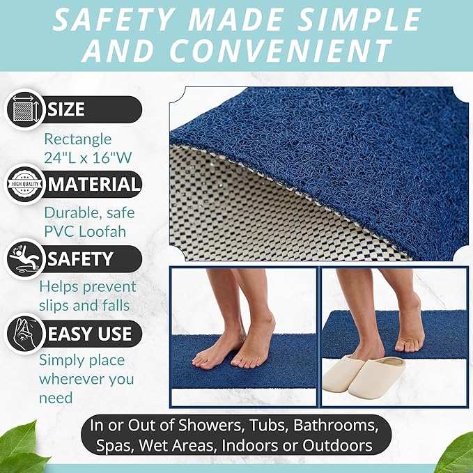 ENKOSI Loofah Non-Slip Shower Mat & Bath Mat – Soft Cushioned Comfort – No Suction Cups for Textured Tubs – Fast Draining Safety for Inside Shower, Family & Elderly (24x16 Navy) - Image 3