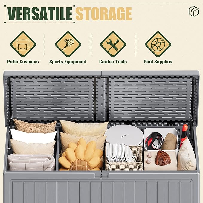 JUMMICO 270 Gallon Outdoor Storage Deck Box with Divider, Double Wall Storage Box with Lockable Lid for Garden Tools, Pools Supplies (Gray) - Image 5