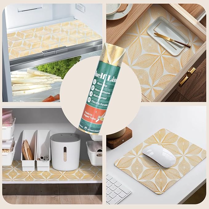 Drawer and Shelf Liner for Kitchen Cabinet,Non-Adhesive Waterproof Drawer Liner for Dresser & Bathroom Vanities with Adhesive Dots & Cutting Tool(12 in X 30 Ft Gold Leaf Pattern) - Image 9