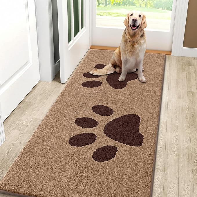 Smiry Dog Door Mat for Muddy Paws, Absorbs Moisture and Dirt, Low-Profile Entryway Mat with Non-Slip Backing, Entry Indoor Outdoor Doormat for Inside Floor (59x24 Inches, Beige, Paw) by Smiry