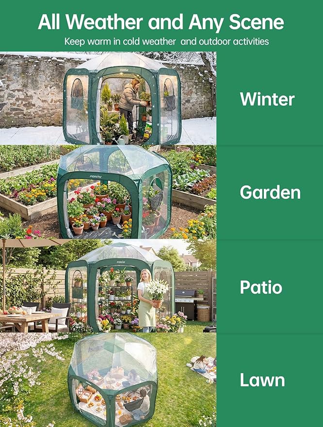 Porayhut Pop up Greenhouse Tent,Portable Large Walk-in Plant House 10’X10’ ,Indoor Outdoor Gardening Plant Sunshine Room with PVC Mesh Cloth Cover for Protecting Plant from Cold Frost & Birds - Image 5