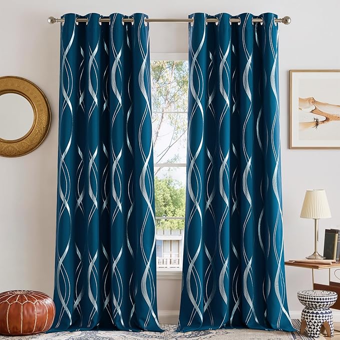 NICETOWN Moroccan Blue Blackout Curtains 84 inch Long for Living Room, Art Decor Scandinavian Style for Festival Wave Line Foil Print Design Drapes for Wall Cover, W52 x L84, 2 Panels by NICETOWN