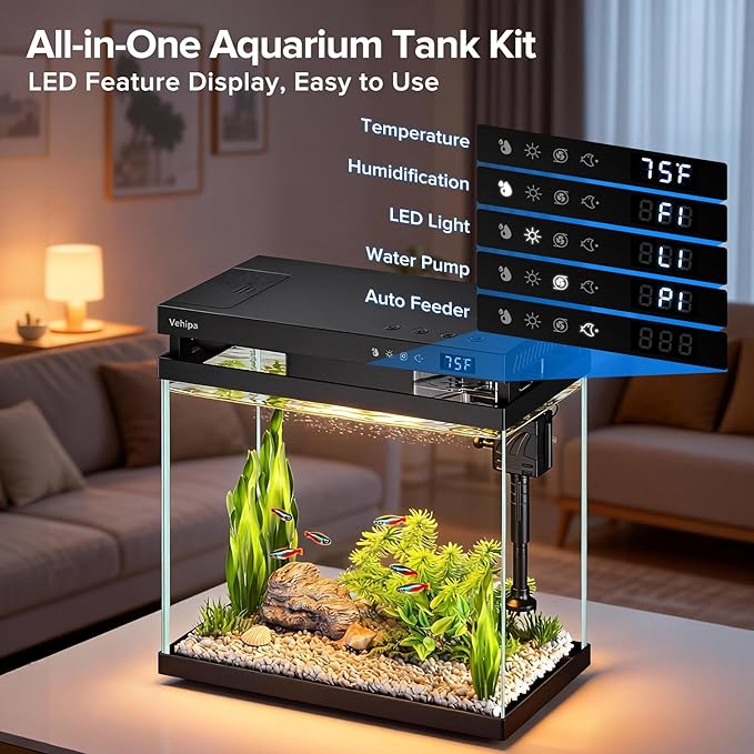 Fish Tank, 2.2 Gallon Glass Aquarium, Small Fish Aquarium Kits with Smart Humidifier, Auto Feeder, Silent Water Pump, Temperature Display & 7-Color Lighting, for Office & Home - Black - Image 7