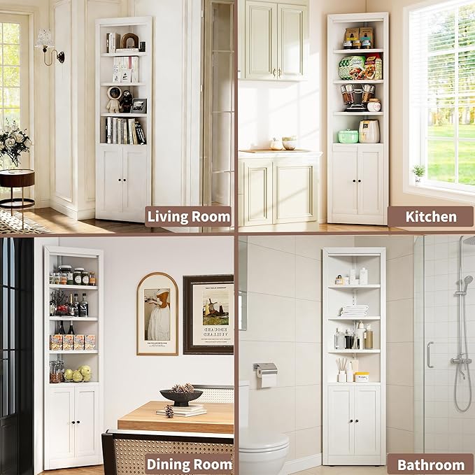 Metal Pantry Storage Cabinet with 4 Adjustable Shelves, 71" Tall Corner Cabinet for Bathroom, Corner Shelf Cabinet for Kitchen, Dining Room, Living Room, Assembly Required(White) - Image 6