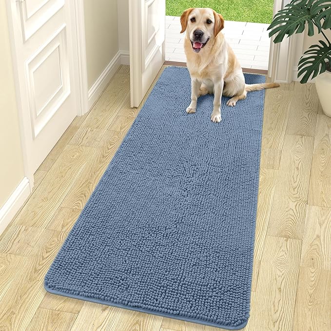 OLANLY Dog Door Mat for Muddy Paws 70x24, Absorbs Moisture and Dirt, Absorbent Non-Slip Washable Doormat, Quick Dry Chenille Mud Mat for Dogs, Entry Indoor Entryway Carpet for Inside Floor, Airy Blue by OLANLY
