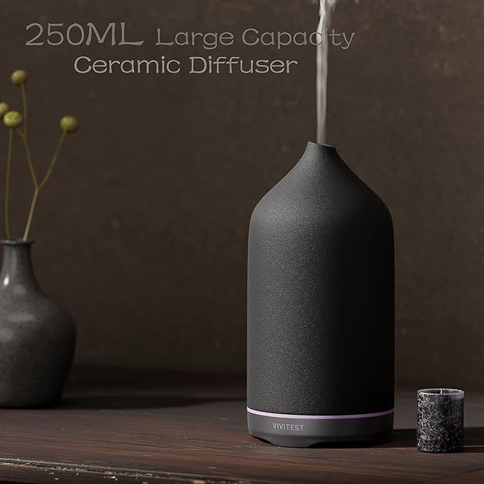 VIVITEST Diffusers for Essential Oils,Stone Oil Diffuser,Ceramic Essential Oil Diffusers Black for Home (250ML) - Image 2